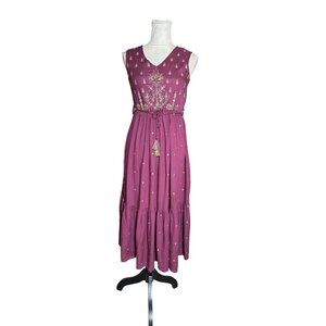 MAX Boho Embroidered Maxi Dress XS Plum Purple Gold Indian Viscose